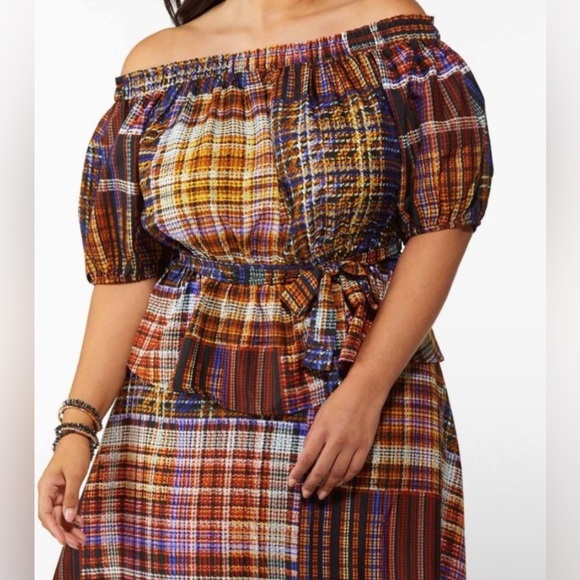 Cato Plaid Off-Shoulder/On the Shoulder Peplum Top - Picture 1 of 4